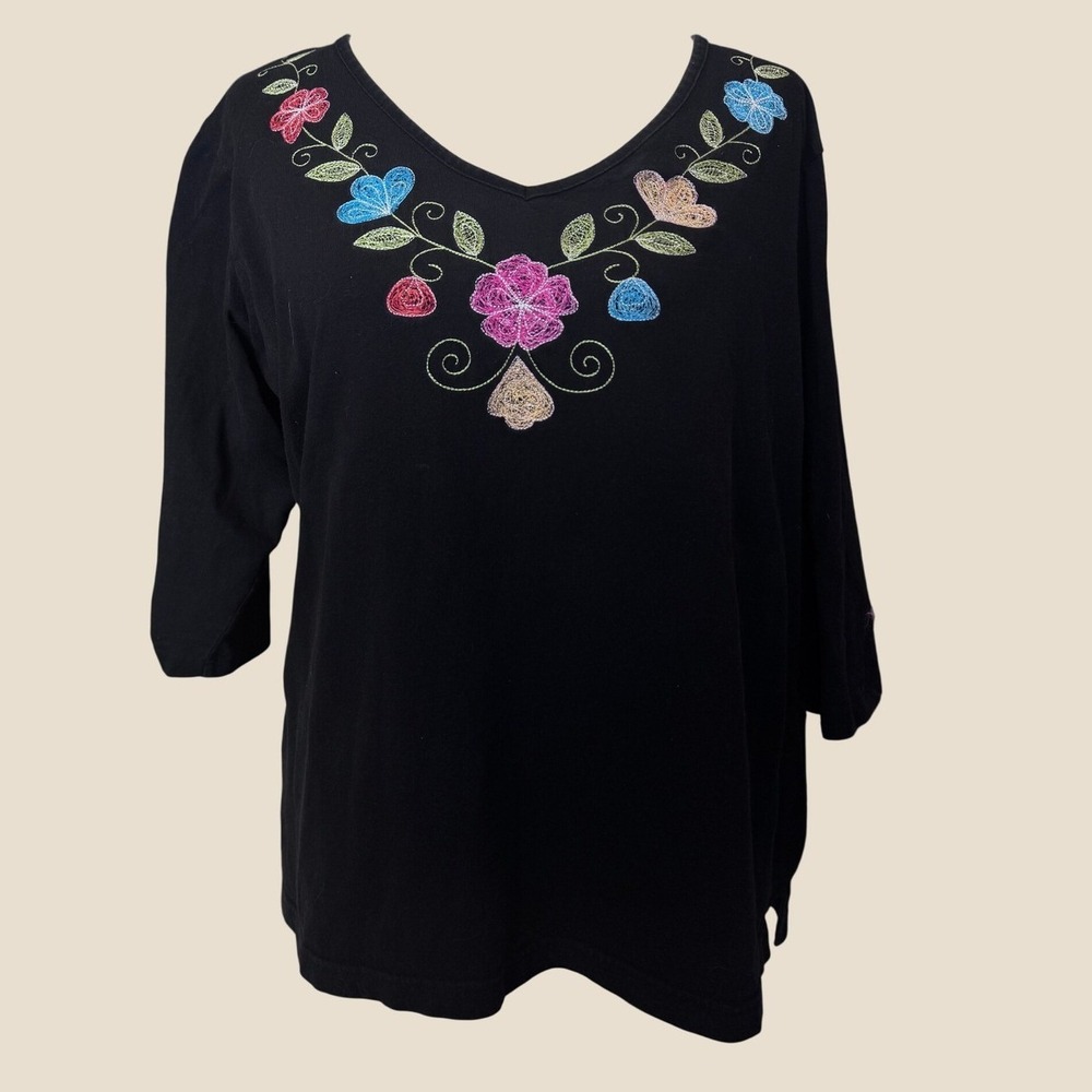 TANTRUMS Floral Embroidered V-Neck Top XL Black 3/4 Sleeve Cotton Knit